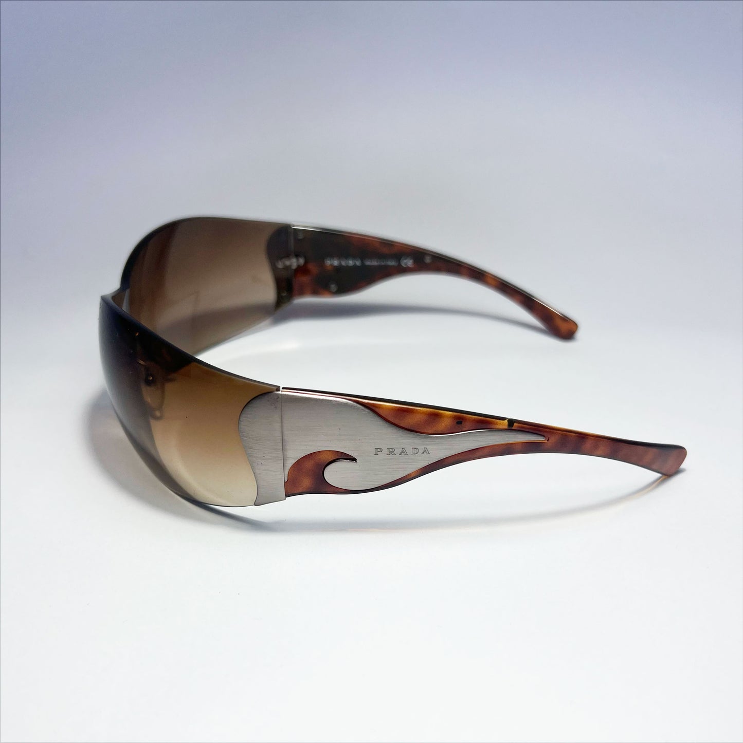 00's Prada Shield Sunglasses with Silver Flame Detail in Tortoiseshell