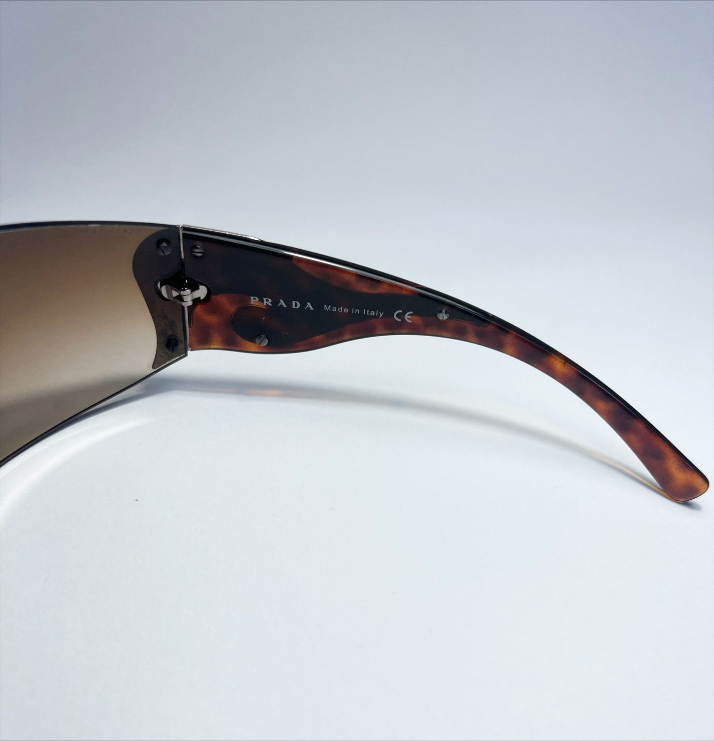 00's Prada Shield Sunglasses with Silver Flame Detail in Tortoiseshell