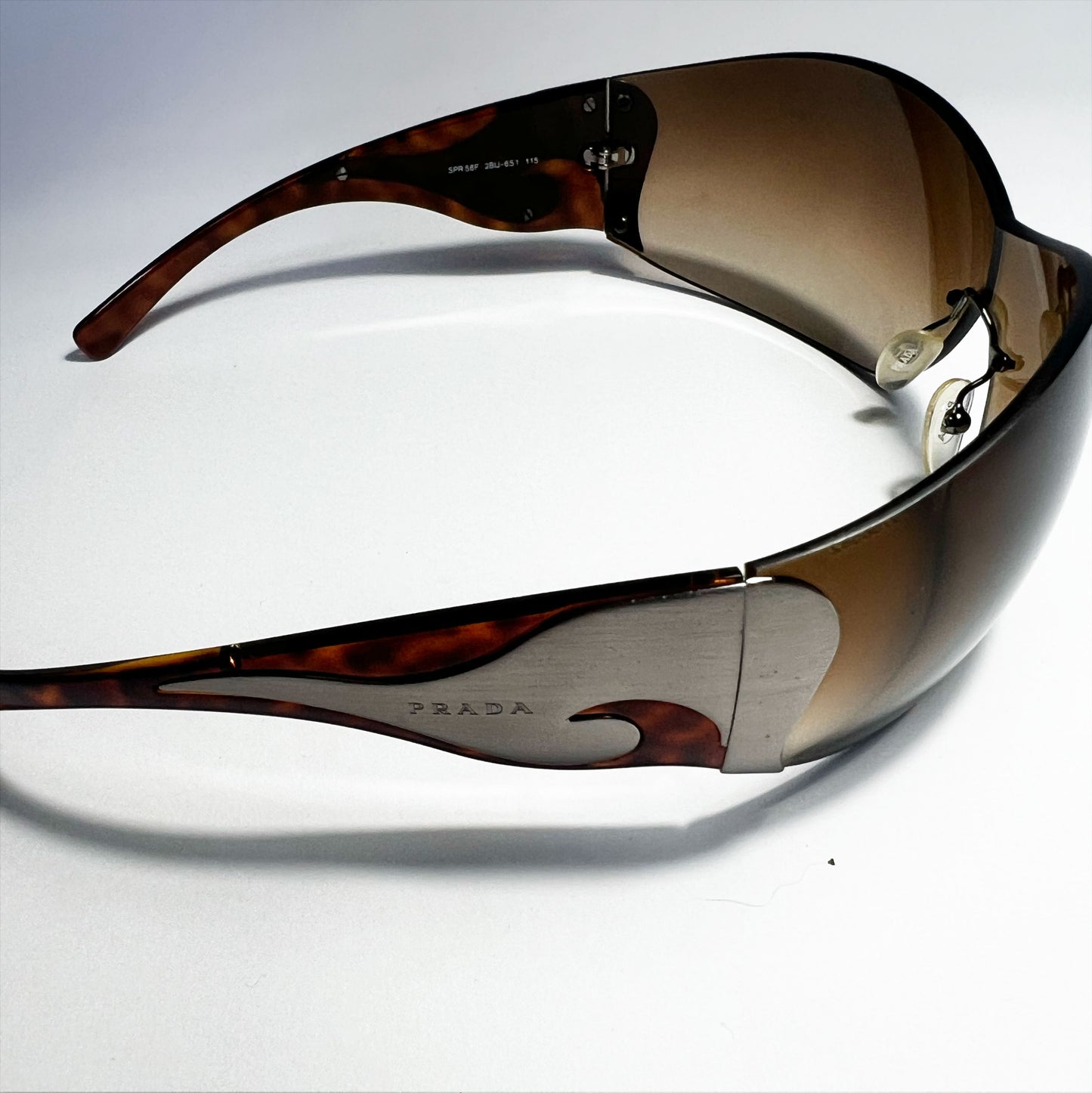 00's Prada Shield Sunglasses with Silver Flame Detail in Tortoiseshell