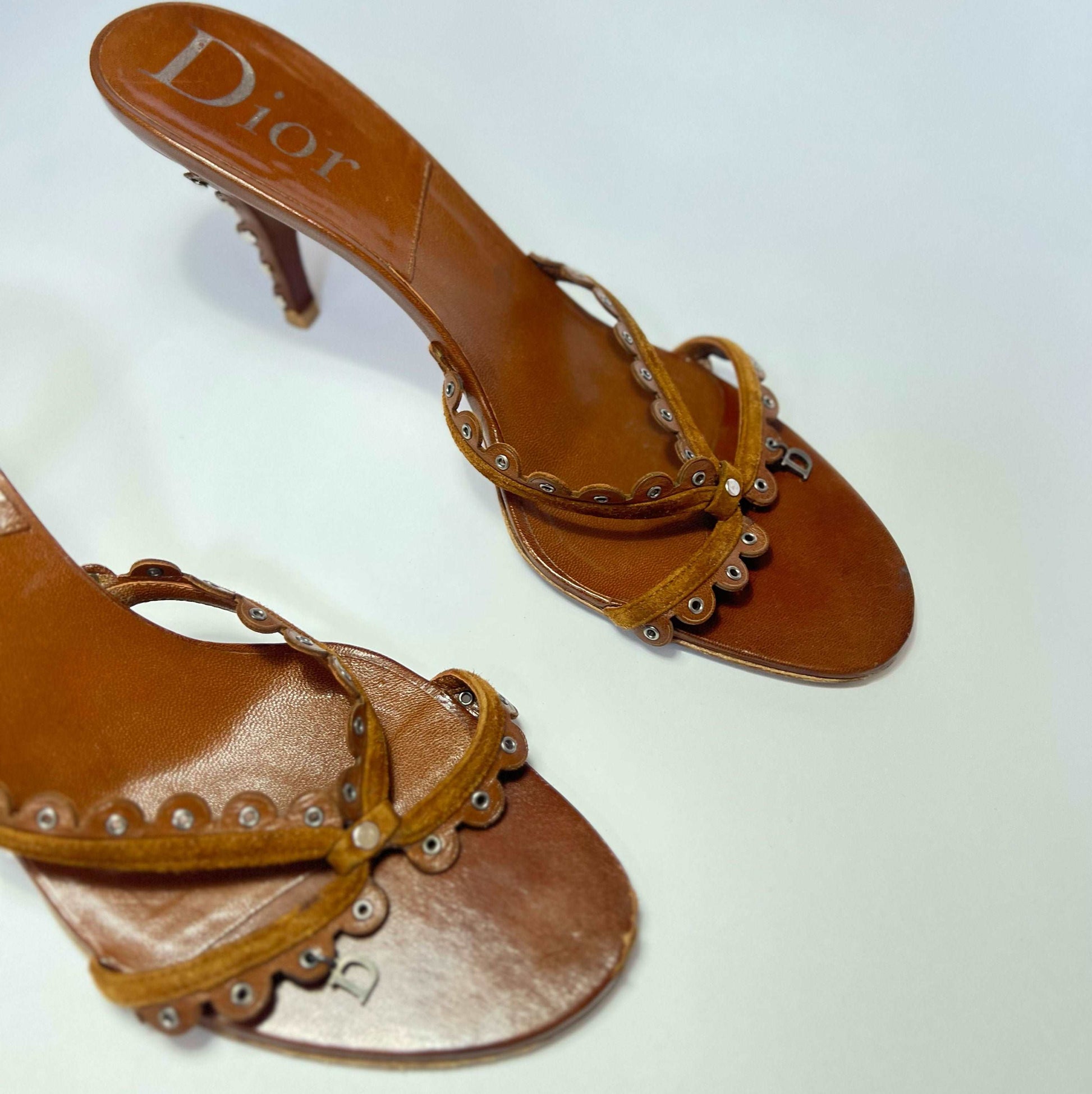 00's Dior Suede Deels with "D" Charm and Stud Detail in Brown - UK 7.5