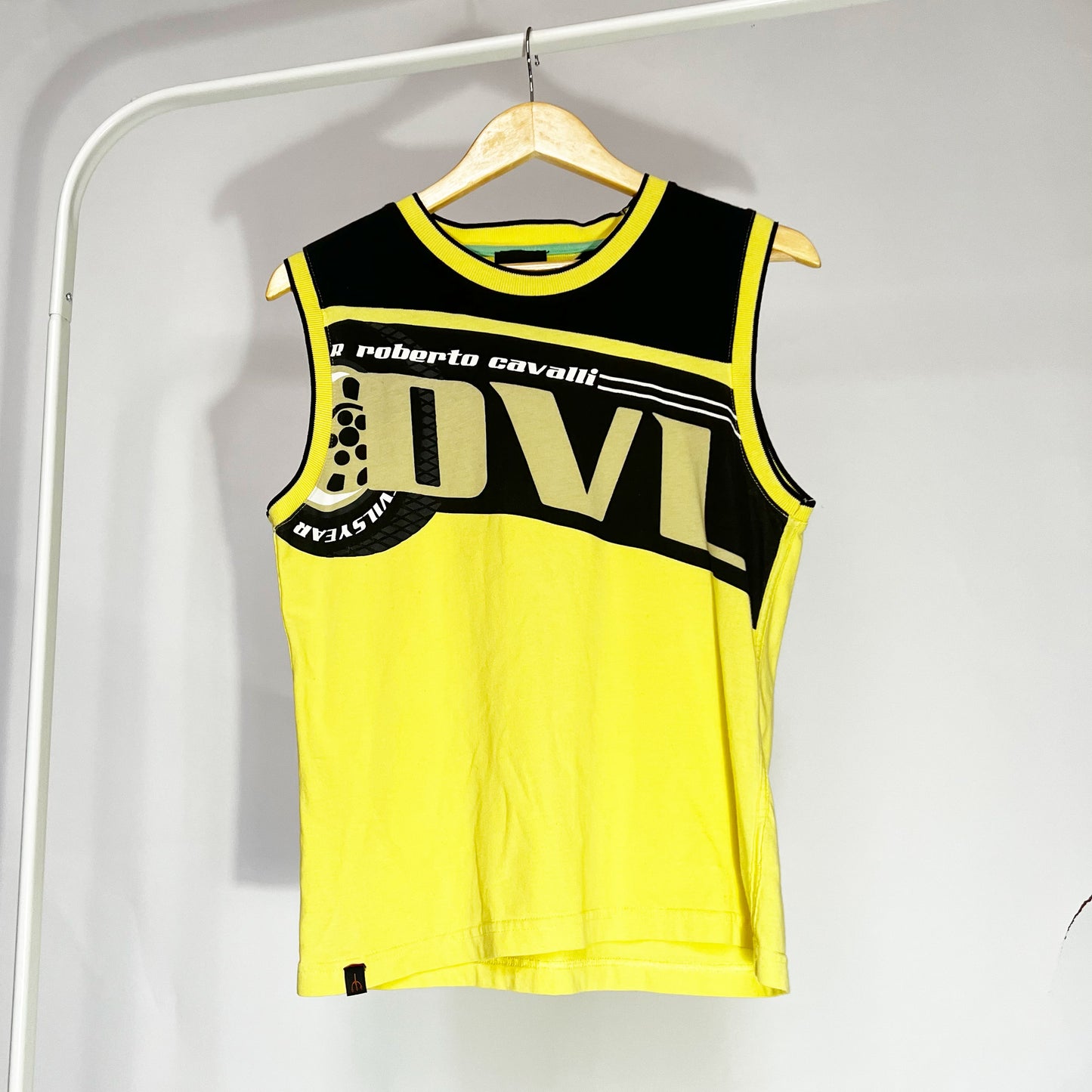 00's Roberto Cavalli Turbo Devils Moto Style Tank Top in Yellow - UK 12