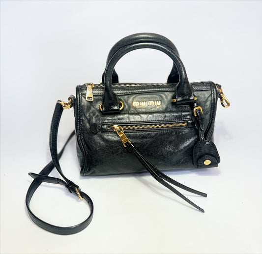 Vintage Miu Miu Bauletto Satchel Bag in Black Leather