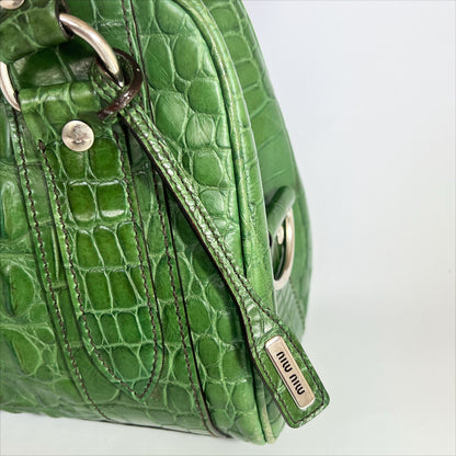 00's Miu Miu Bowling Bag in Green Leather with Aligator Effect