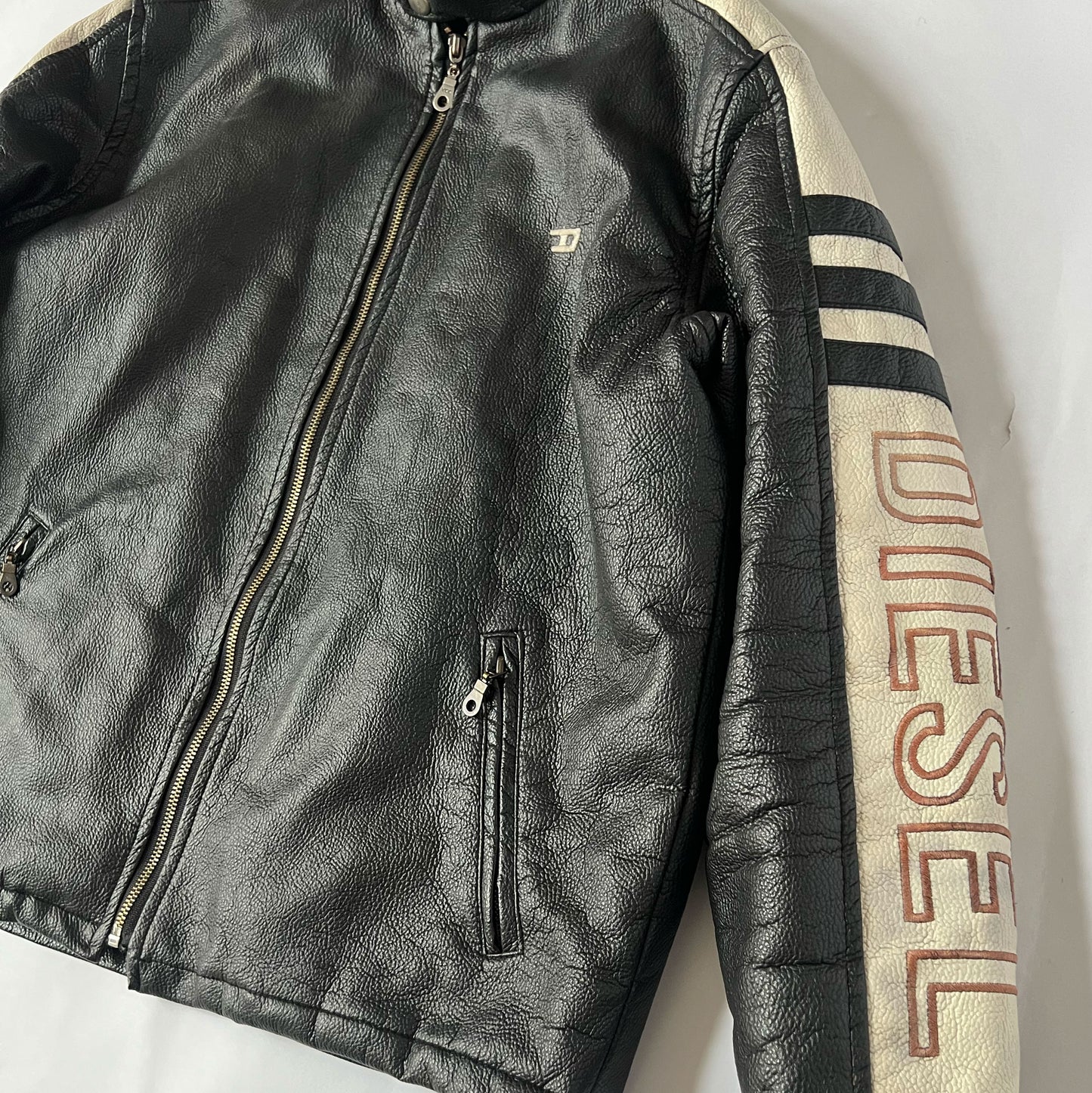 00's Diesel Leather Moto Jackets with Embroidered Logo & Stripe Detailing - M