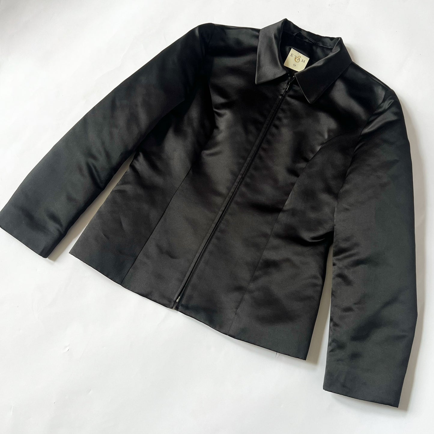 00's Box Jacket with Collar in Black Satin - M