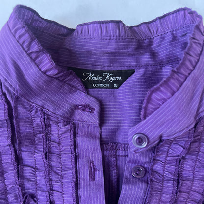 90's Short Sleeved Blouse with Ruffles in Purple Pinstripe - S