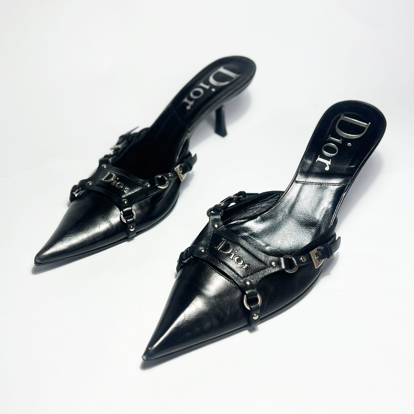 2003 FW Dior Bondage Kitten Heels in Black Leather - UK 5