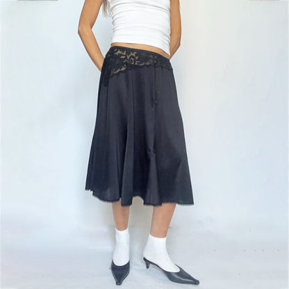 90's Aline Slip Midi Skirt with Lace Cut Out Waist in Black - S