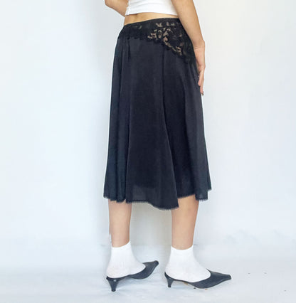 90's Aline Slip Midi Skirt with Lace Cut Out Waist in Black - S