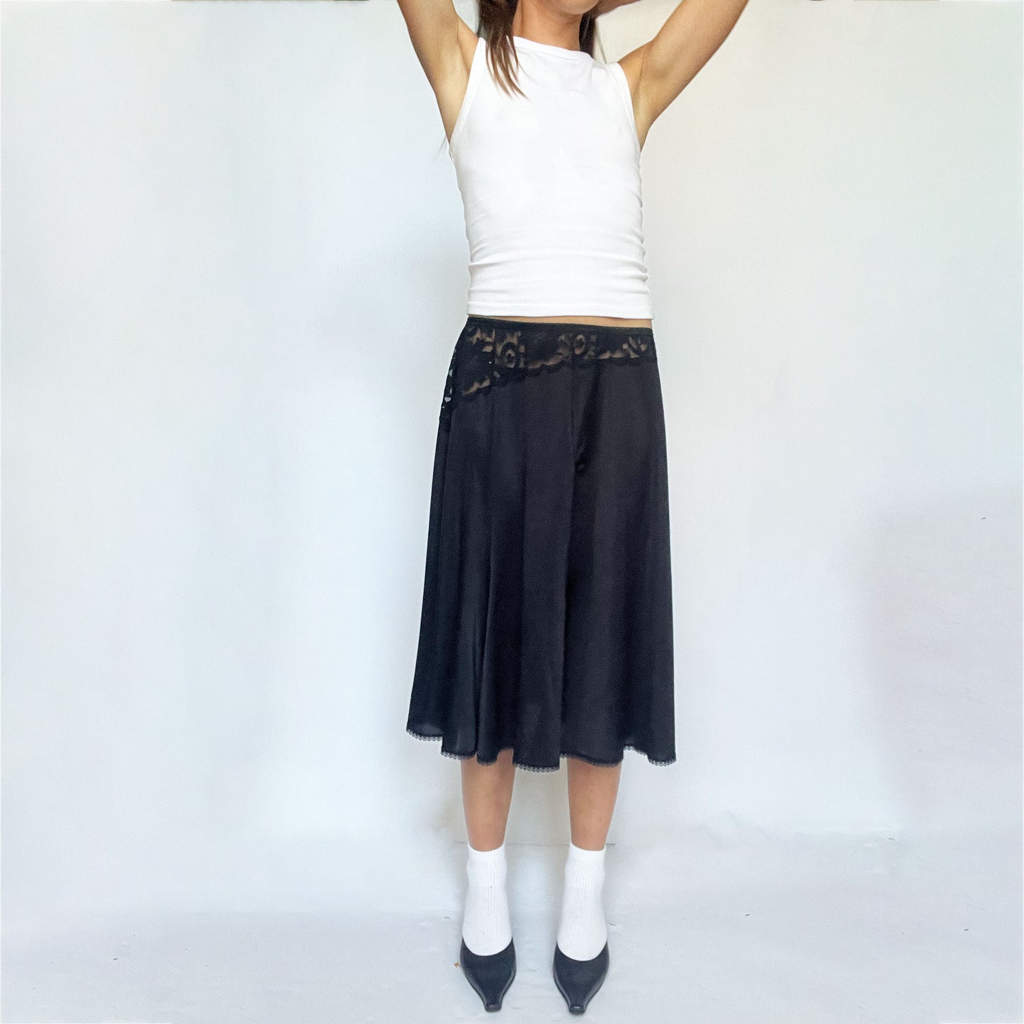 90's Aline Slip Midi Skirt with Lace Cut Out Waist in Black - S