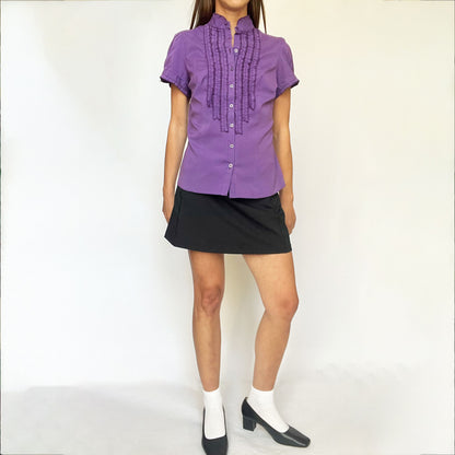 90's Short Sleeved Blouse with Ruffles in Purple Pinstripe - S