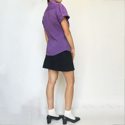 90's Short Sleeved Blouse with Ruffles in Purple Pinstripe - S