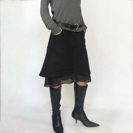 Vintage Sarah Paccini Tiered Midi Skirt in Black Denim and Wool - XS