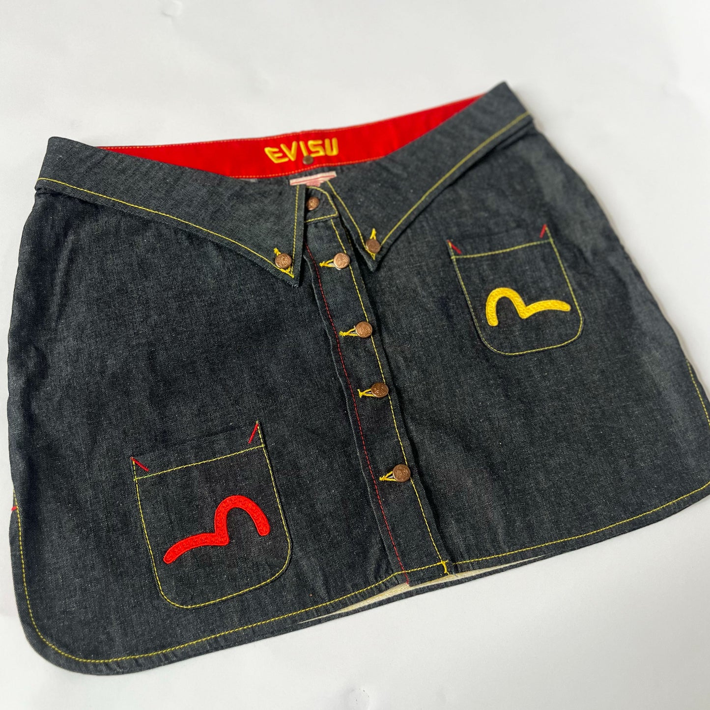 00's Evisu Denim Mini Skirt with Shirt Collar Waistband - XL