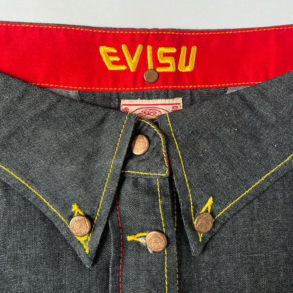 00's Evisu Denim Mini Skirt with Shirt Collar Waistband - XL