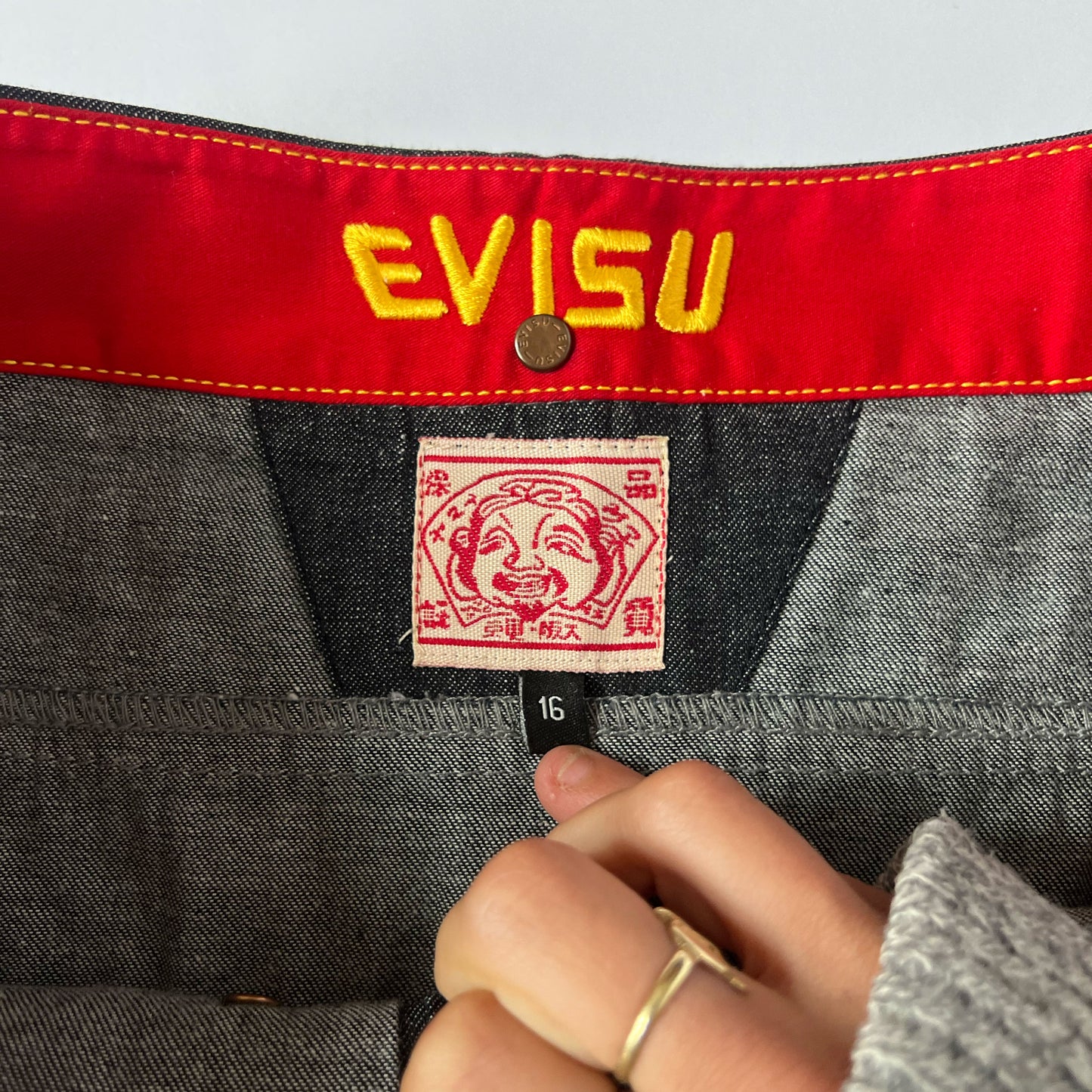 00's Evisu Denim Mini Skirt with Shirt Collar Waistband - XL