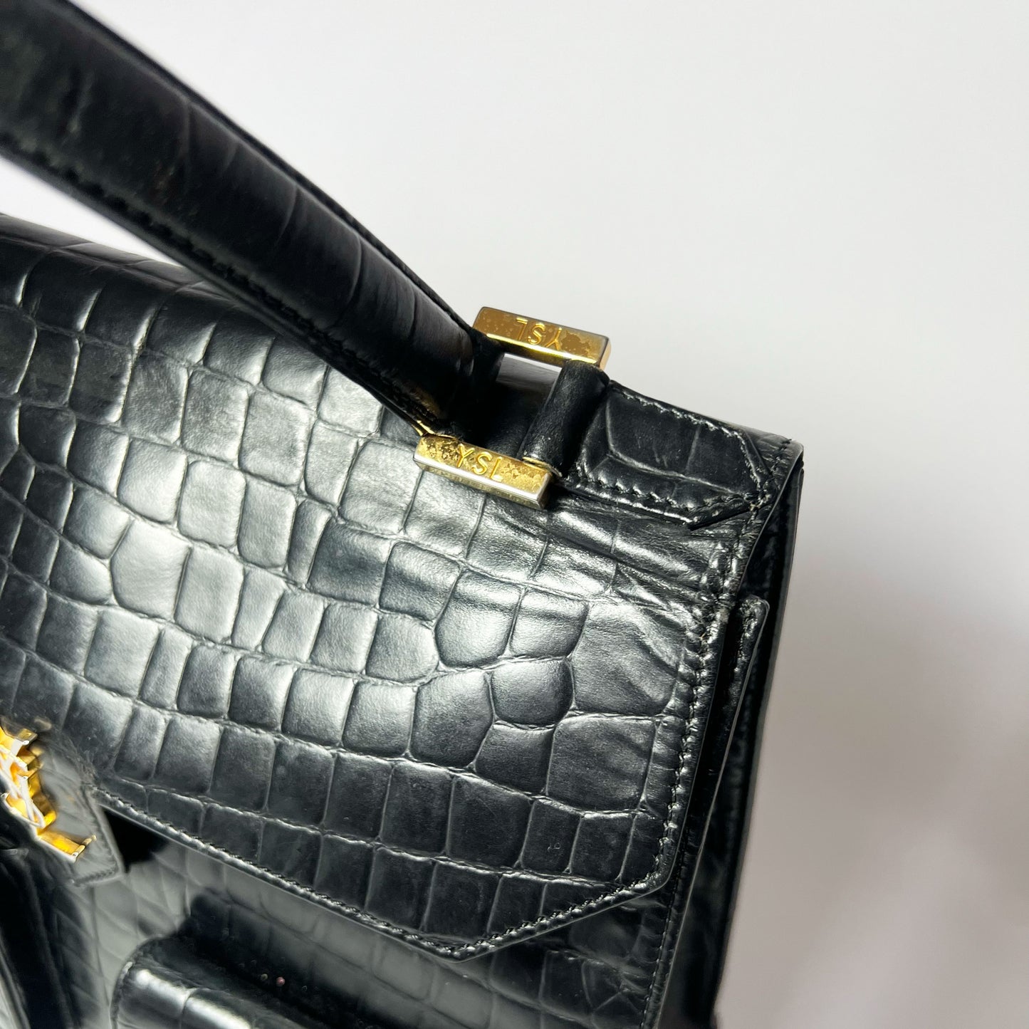 Vintage Yves Saint Laurent Top Handle Bag in Black Croc Embossed Leather