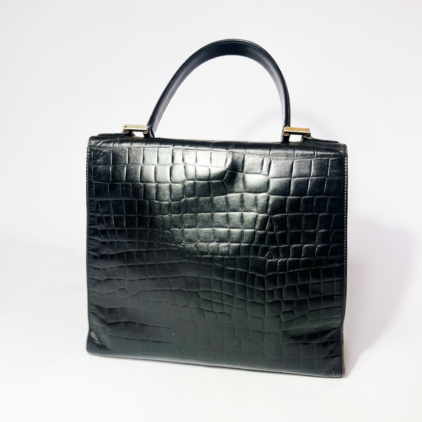 Vintage Yves Saint Laurent Top Handle Bag in Black Croc Embossed Leather