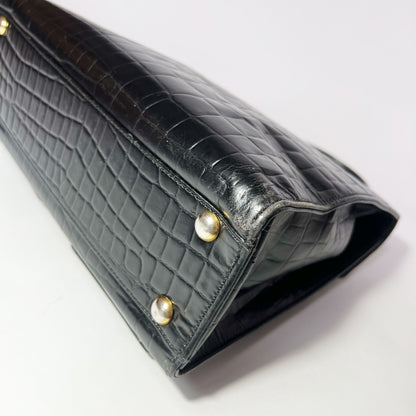 Vintage Yves Saint Laurent Top Handle Bag in Black Croc Embossed Leather