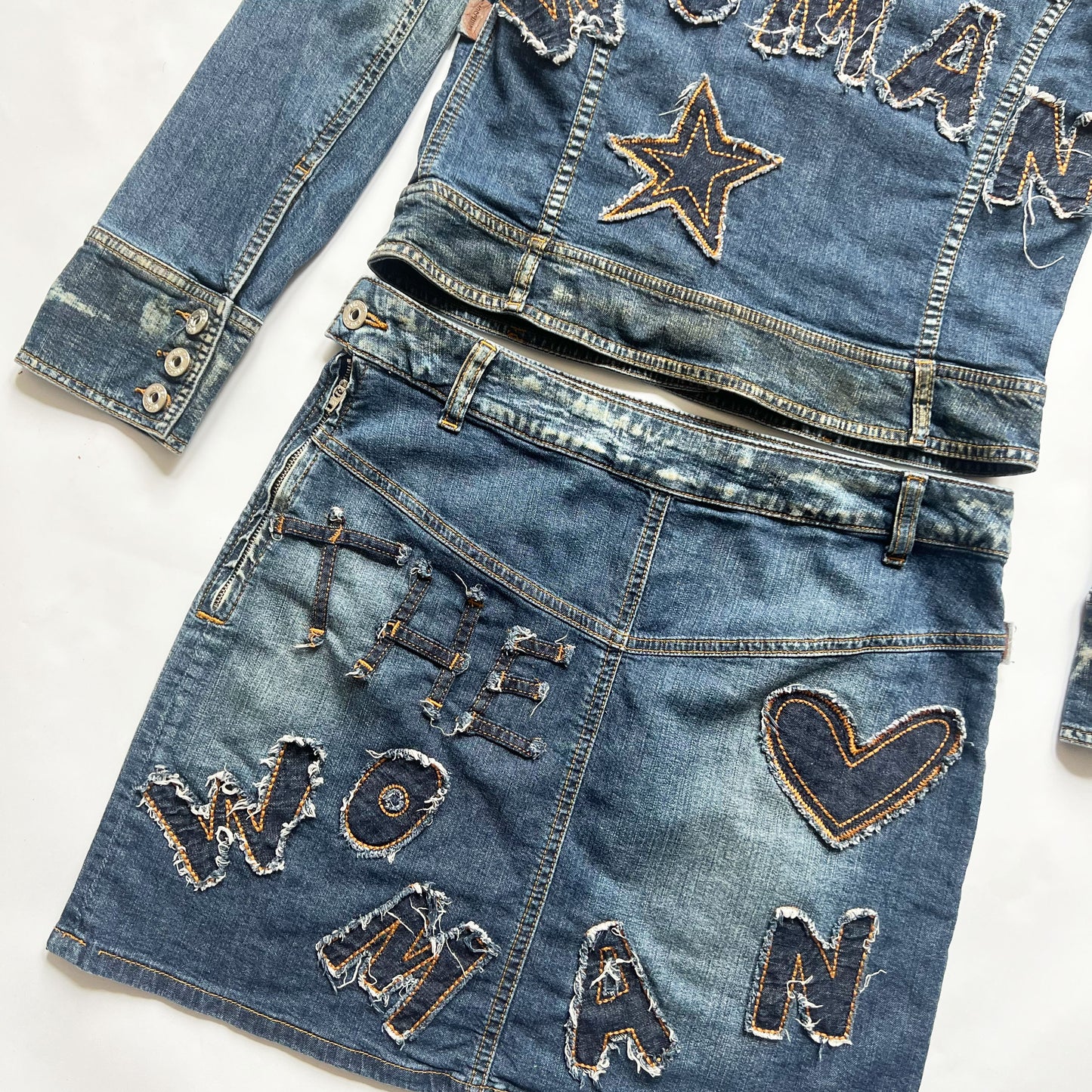 00's Moschino Denim Suit with Applique Lettering - M