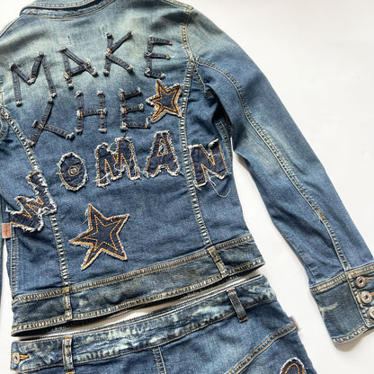 00's Moschino Denim Suit with Applique Lettering - M