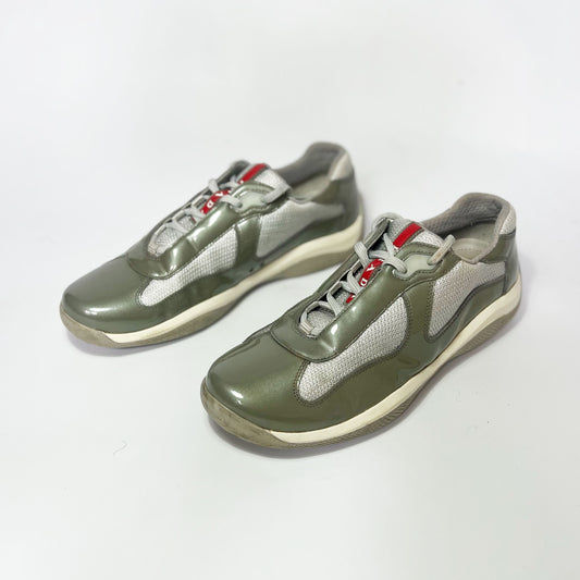 Vintage Prada America Cup Trainers in Khaki Patent Leather - UK 5