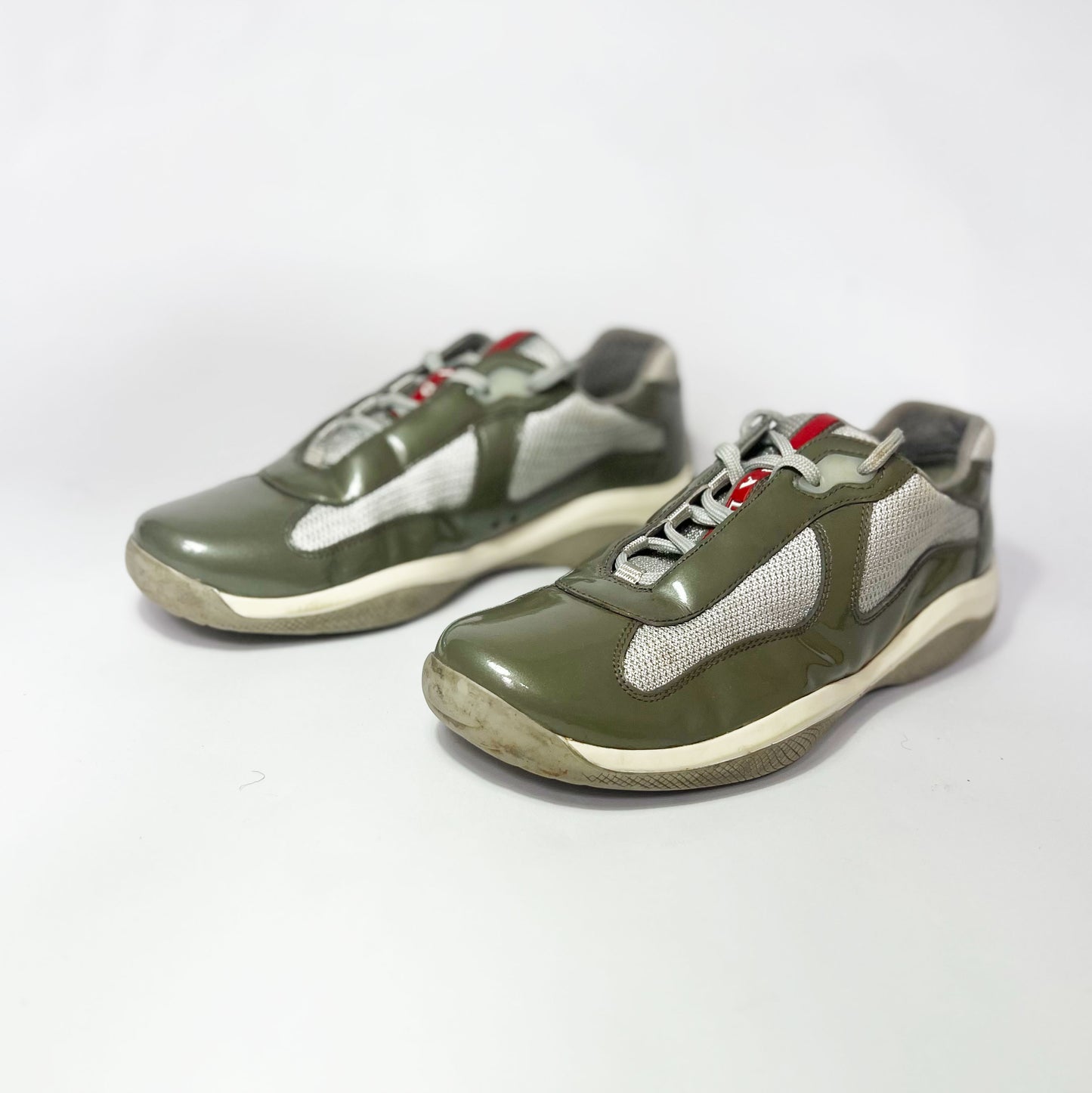 Vintage Prada America Cup Trainers in Khaki Patent Leather - UK 5