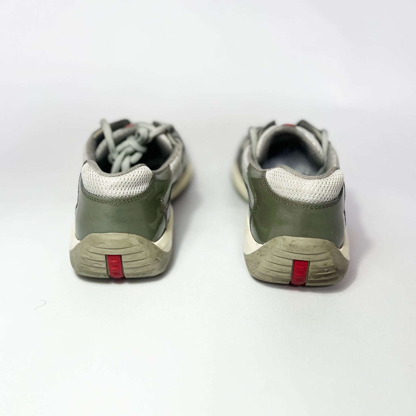 Vintage Prada America Cup Trainers in Khaki Patent Leather - UK 5