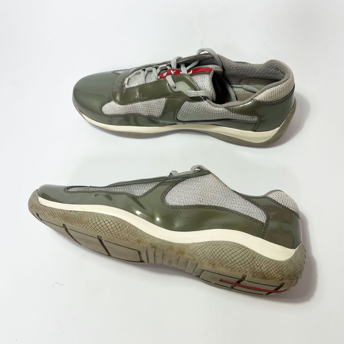 Vintage Prada America Cup Trainers in Khaki Patent Leather - UK 5