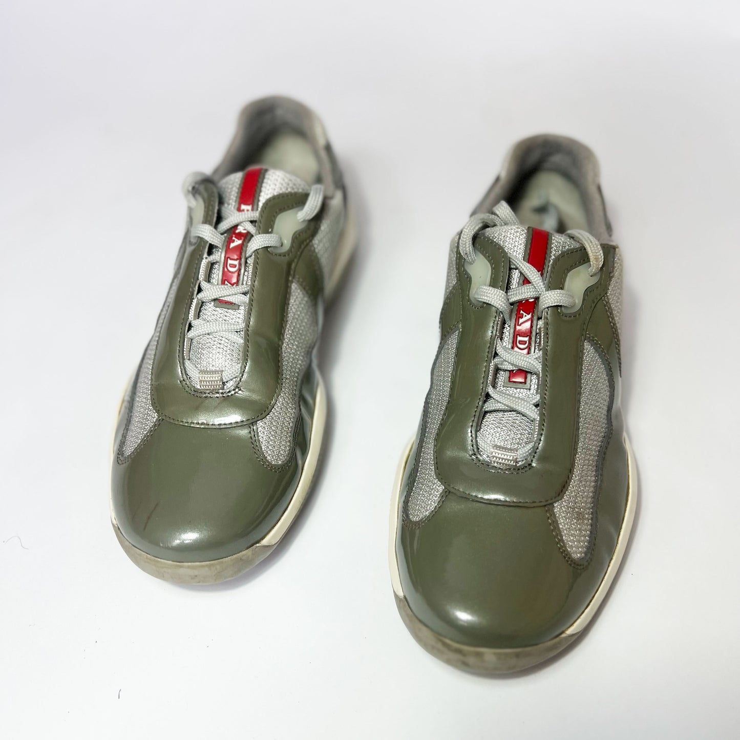 Vintage Prada America Cup Trainers in Khaki Patent Leather - UK 5