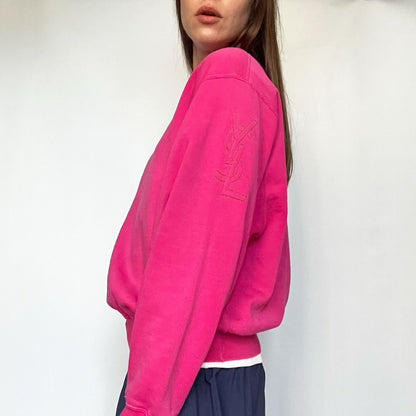 80's Yves Saint Laurent Sweatshirt with Embroidered Logo on Sleeve in Pink - S