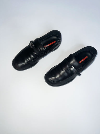 Vintage Prada Sport Leather Loafers with Buckle in Black - UK4.5