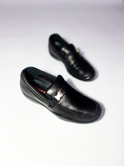 Vintage Prada Sport Leather Loafers with Buckle in Black - UK4.5