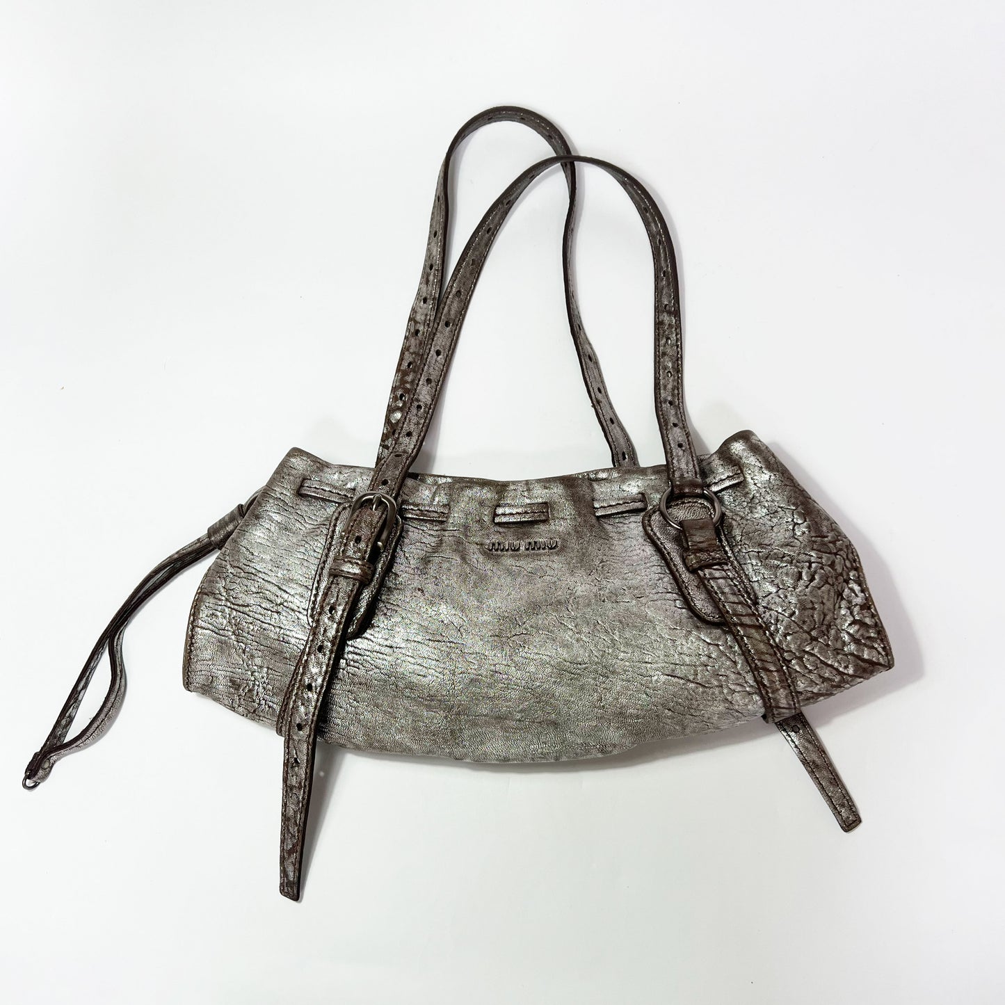 00's Miu Miu Metallic Leather Hobo Shoulder Bag in Silver