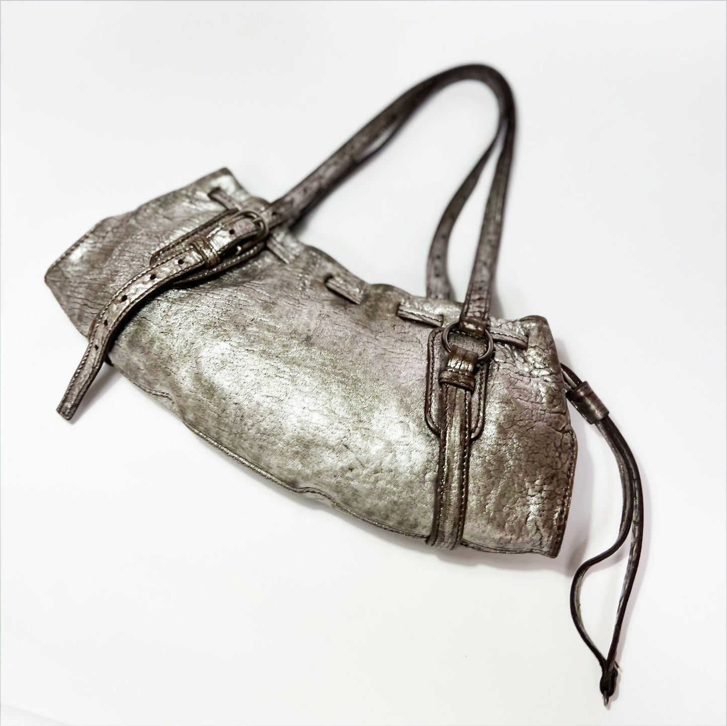 00's Miu Miu Metallic Leather Hobo Shoulder Bag in Silver