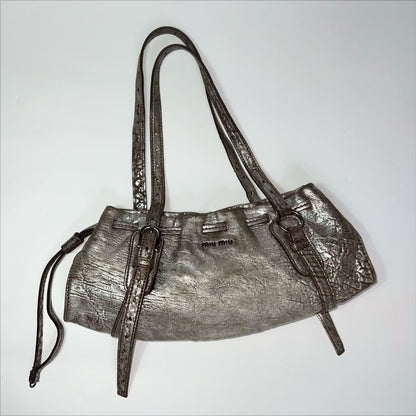 00's Miu Miu Metallic Leather Hobo Shoulder Bag in Silver