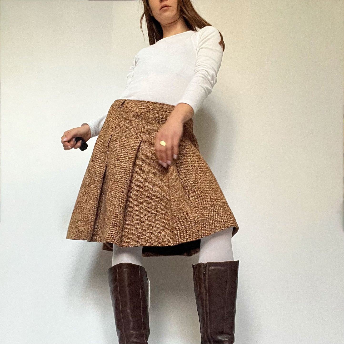 Vintage Miu Miu Pleated Mid Length Skirt in Tan Herringbone - M