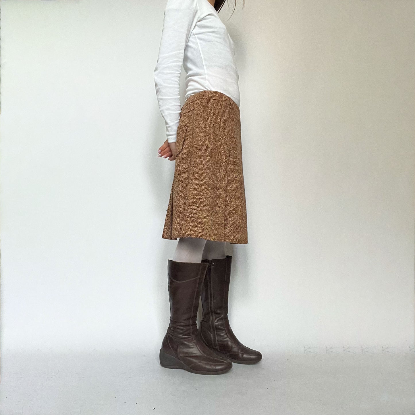 Vintage Miu Miu Pleated Mid Length Skirt in Tan Herringbone - M