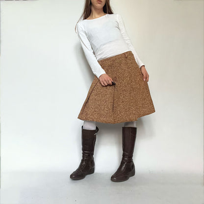 Vintage Miu Miu Pleated Mid Length Skirt in Tan Herringbone - M