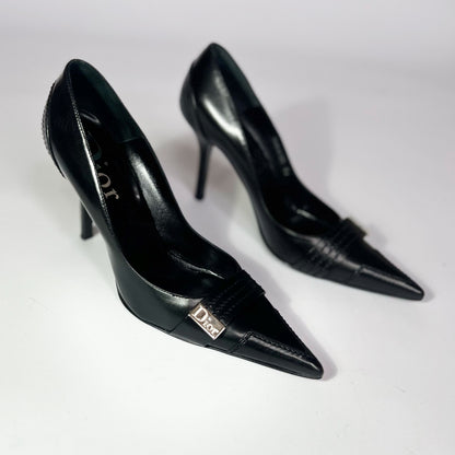 Vintage Dior Pointed Toe Stiletto Heel with Metal Logo Detail in Black -  UK 6