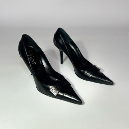 Vintage Dior Pointed Toe Stiletto Heel with Metal Logo Detail in Black -  UK 6