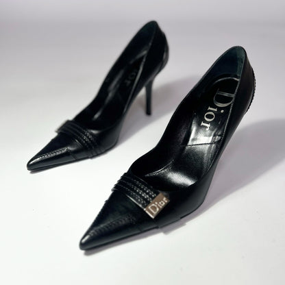 Vintage Dior Pointed Toe Stiletto Heel with Metal Logo Detail in Black -  UK 6