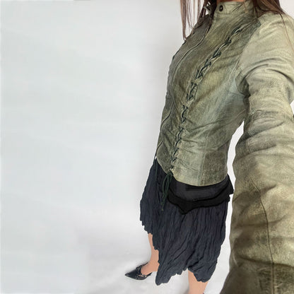 00's Plein Sud Leather Jacket with Corset Detail in Green - XS