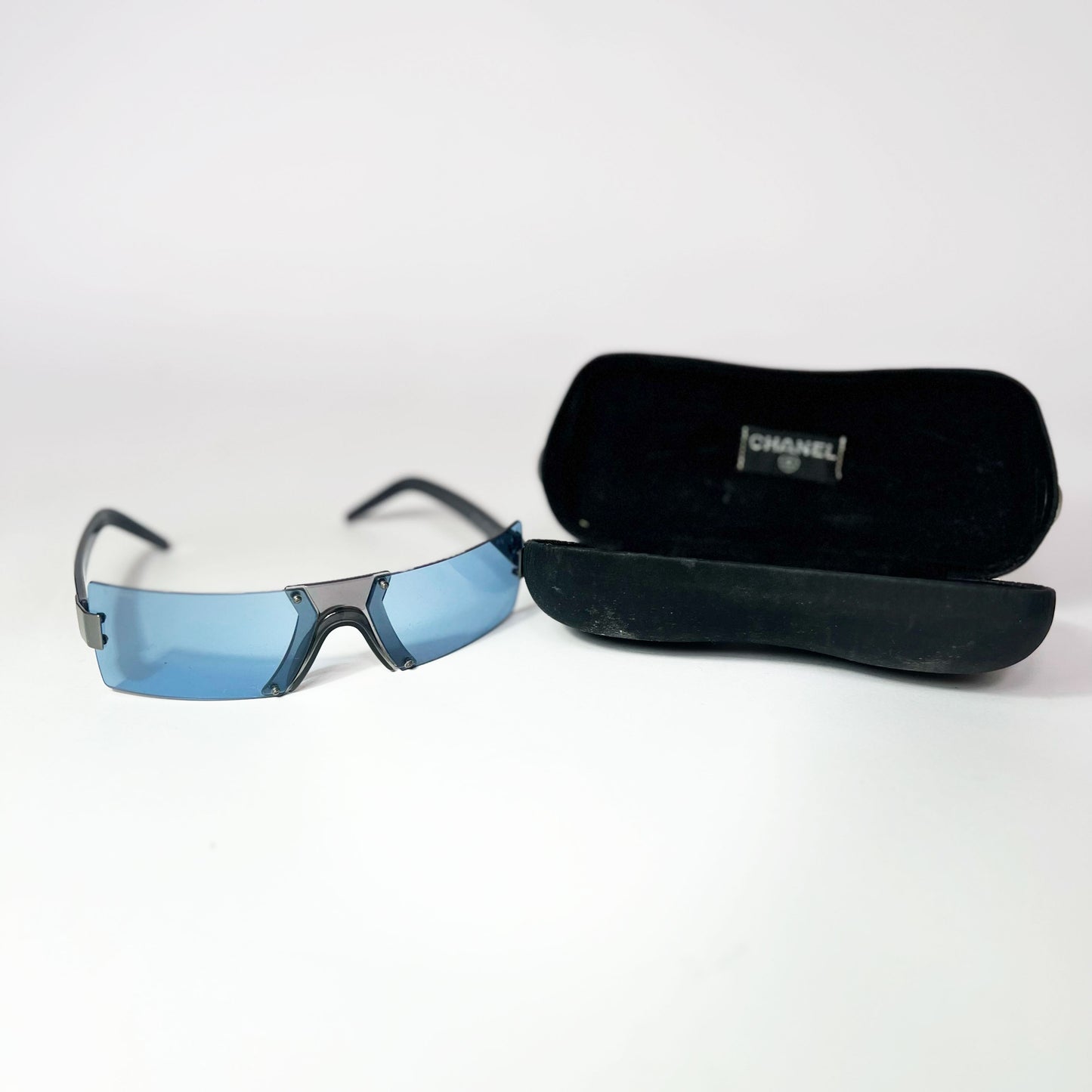 00's Chanel Rectangle Rimless Sunglasses with Blue Tint