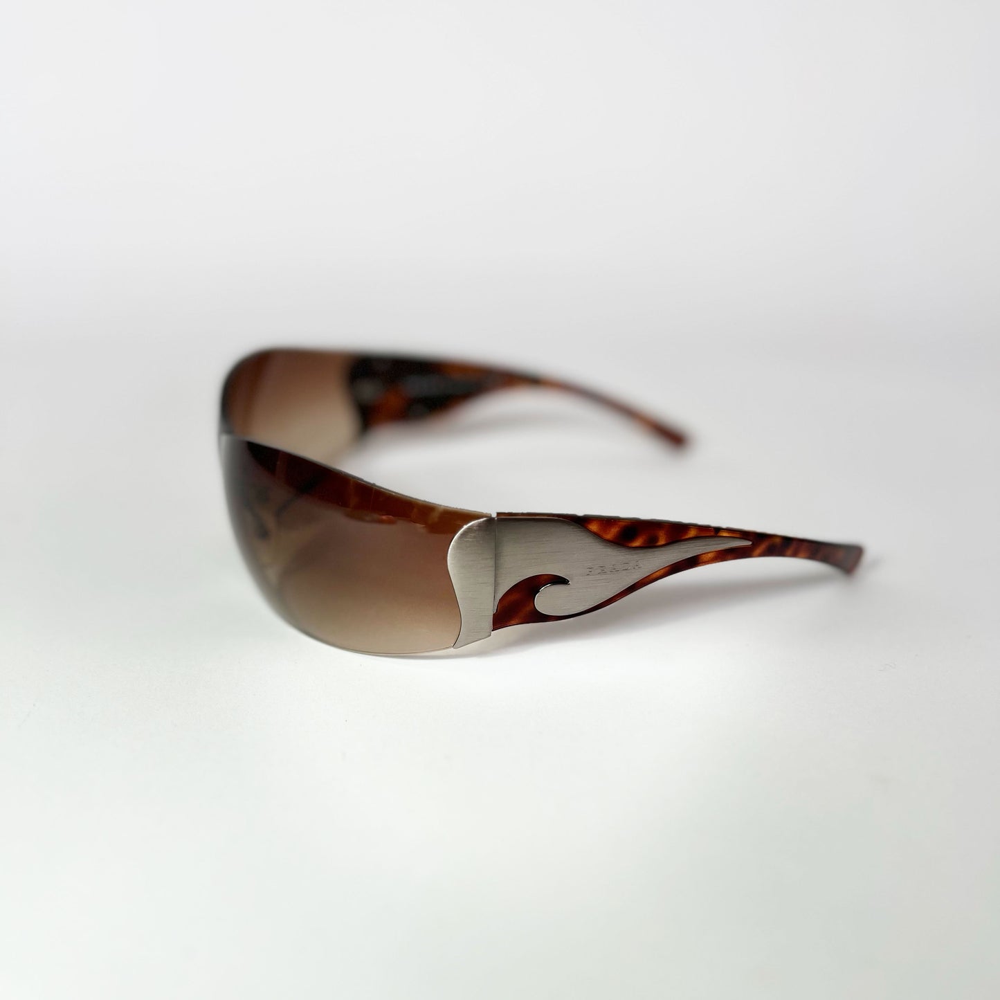 00's Prada Shield Sunglasses with Silver Flame Detail in Tortoiseshell