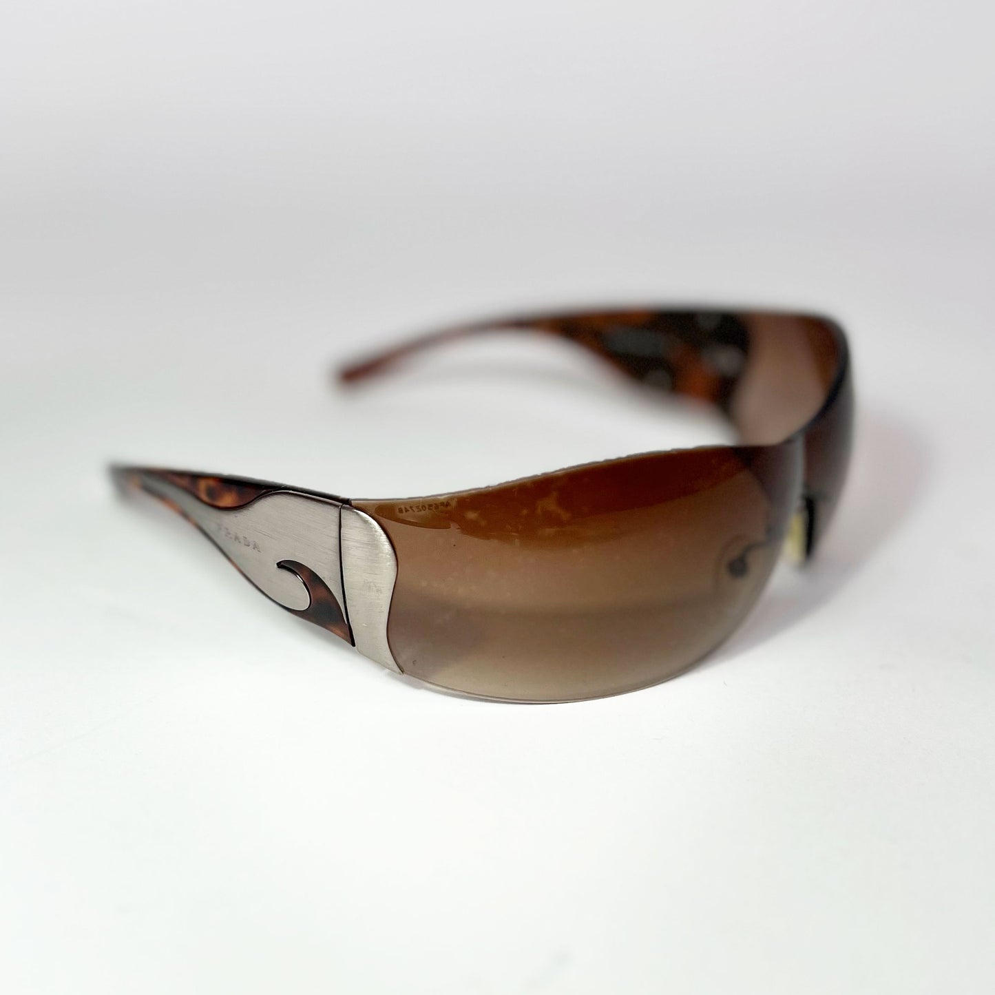 00's Prada Shield Sunglasses with Silver Flame Detail in Tortoiseshell