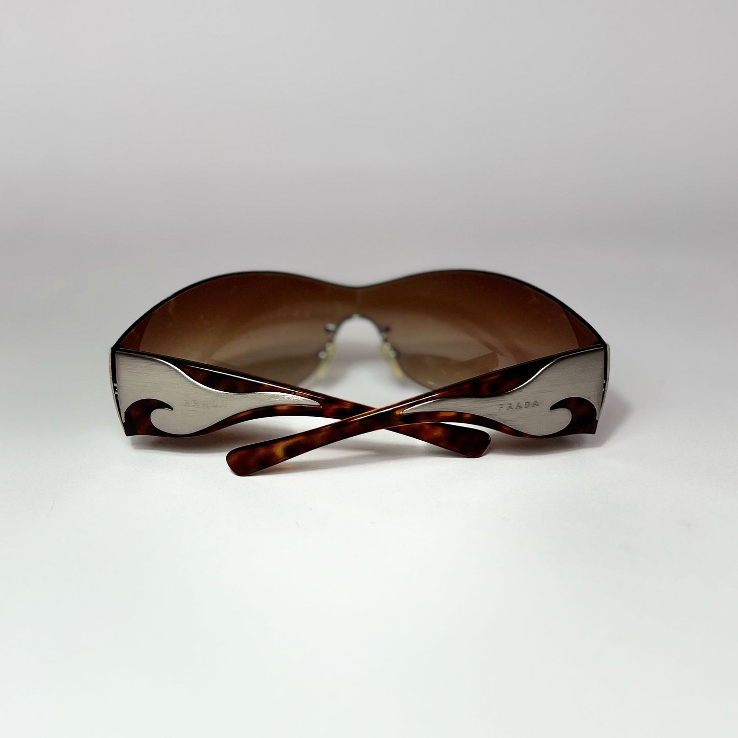 00's Prada Shield Sunglasses with Silver Flame Detail in Tortoiseshell