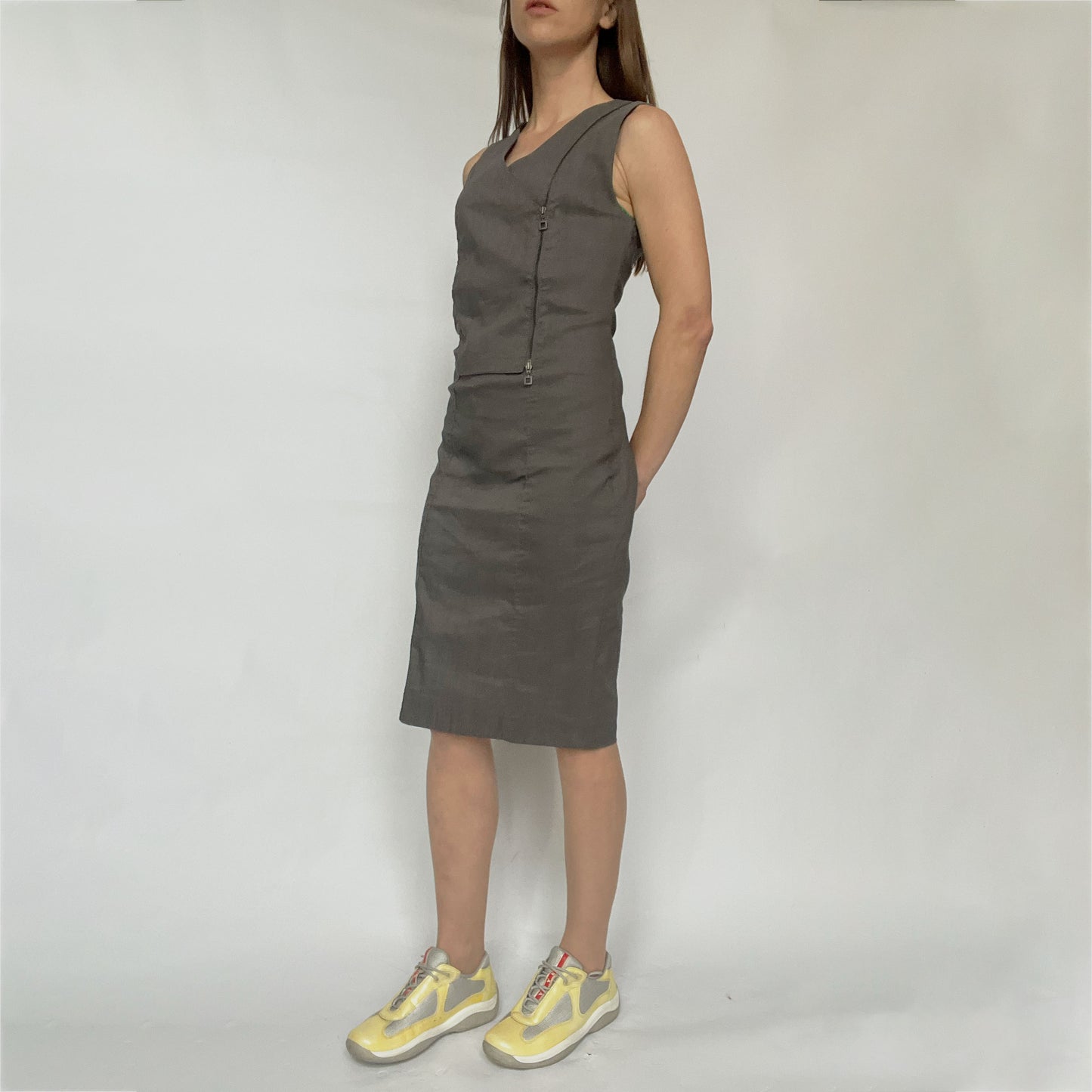 Vintage Sarah Pacini Sleeveless Linen Dress with Utility Zip in Grey - S