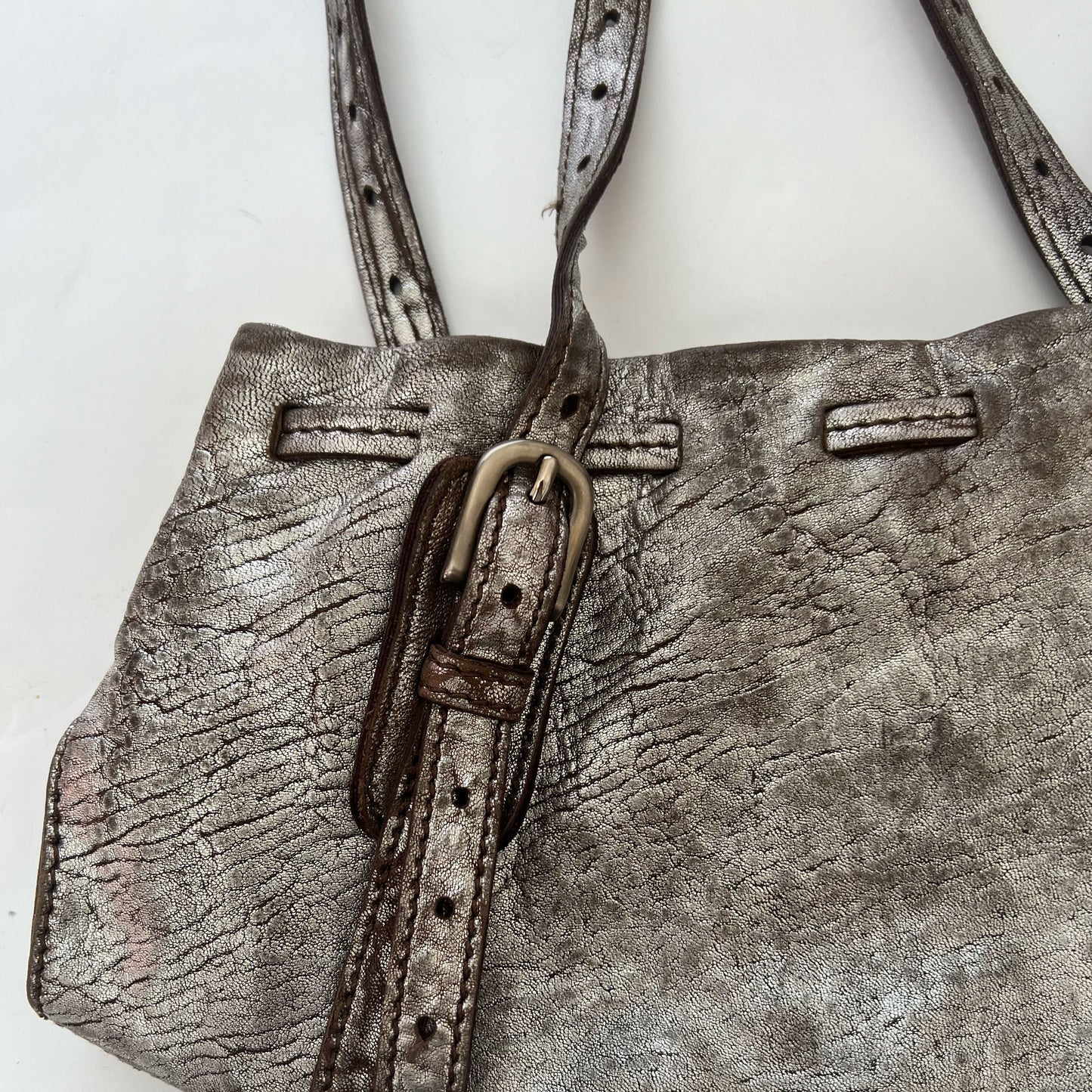 00's Miu Miu Metallic Leather Hobo Shoulder Bag in Silver