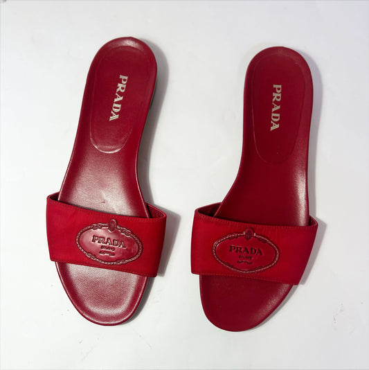 Vintage Prada Leather & Nylon Slide Sandals in Red - UK 6